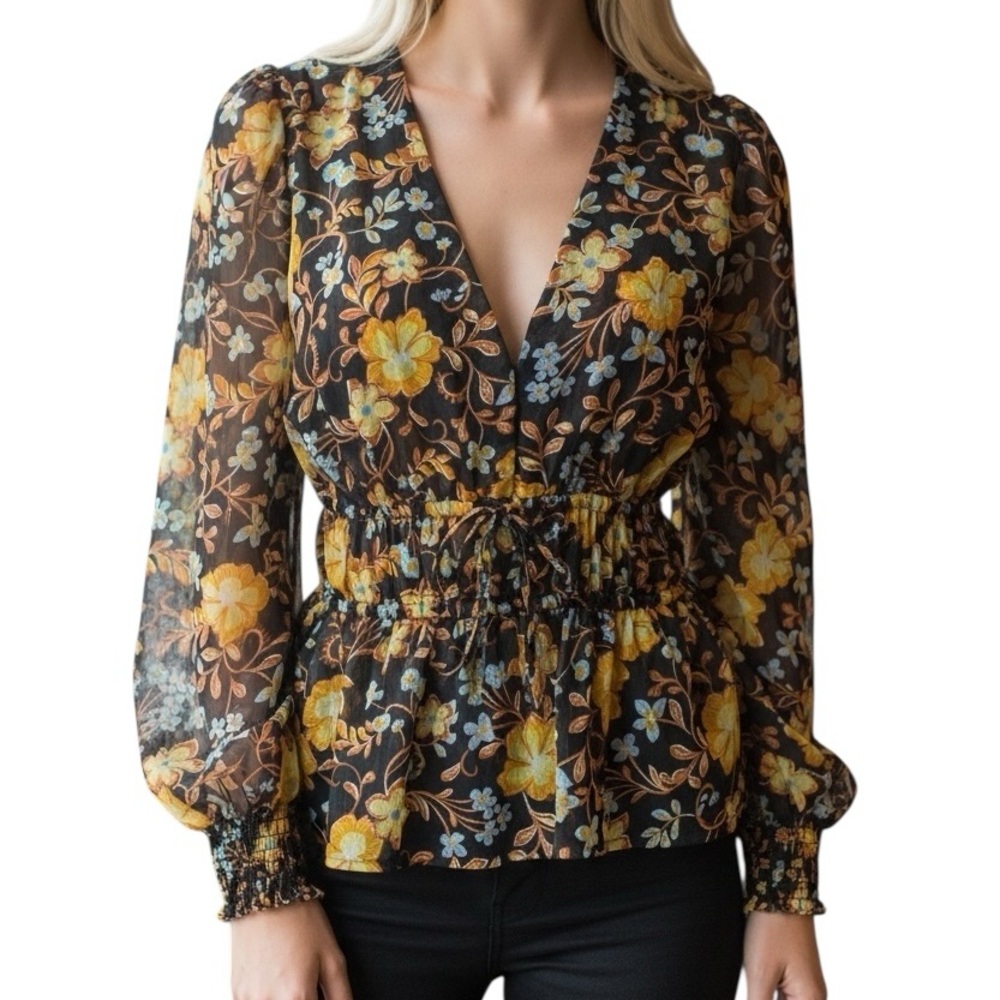 Old Navy Blouse Black Gold Floral Top Size Small